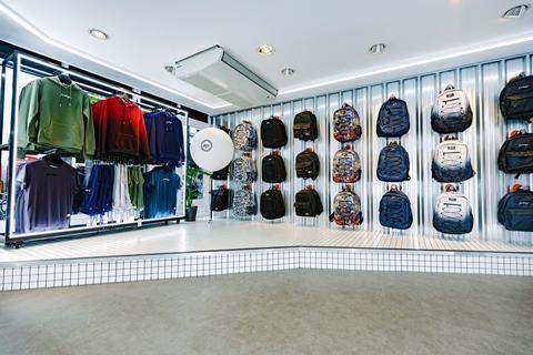 Interior of Hype Carnaby Street store showing hoodies and rucksacks
